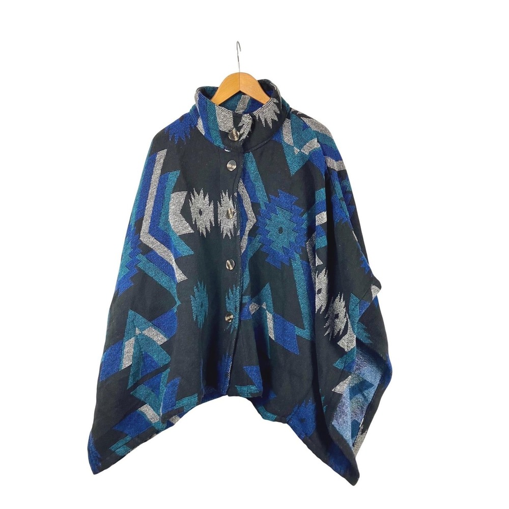 Vintage Aztec Print Button Front Mock Turtle Neck Poncho Cape Outerwear Size S